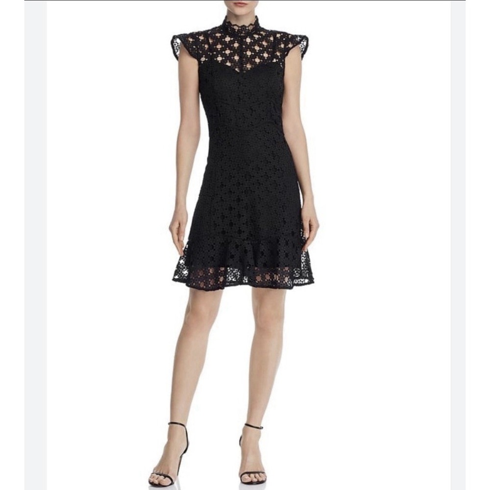 Bardot Black Lace Dress US 4 XS High Neck Cap Sleeve Fit Flare NWT - Picture 2 of 11